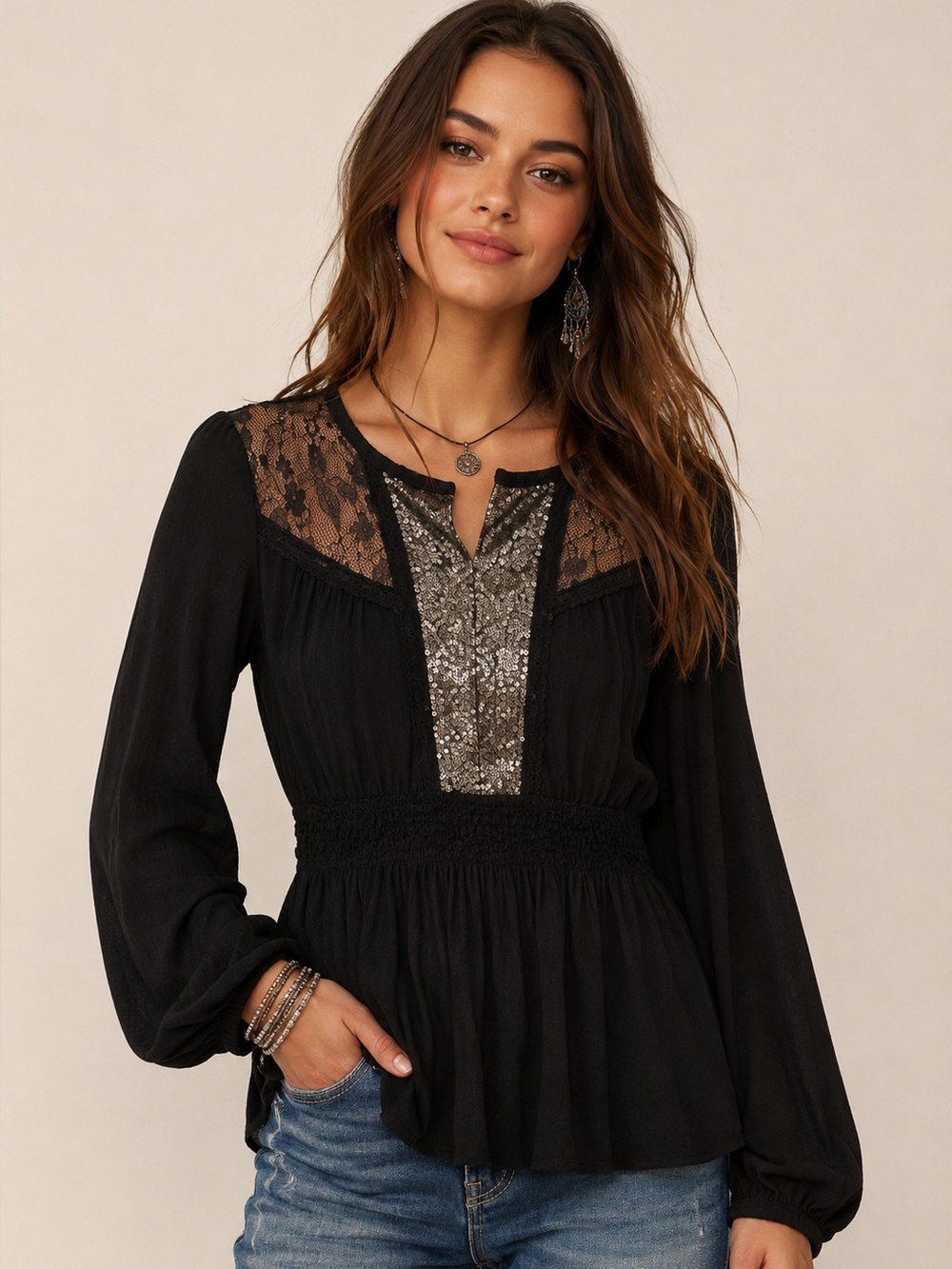 Miss Me Black Lace & Sequin Split Neck Peasant Top Boho Glam